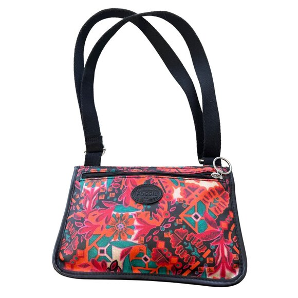 Fossil Keyper Mini Crossbody Bag Floral Coated Canvas Flap Front Black Orange - Picture 2 of 8